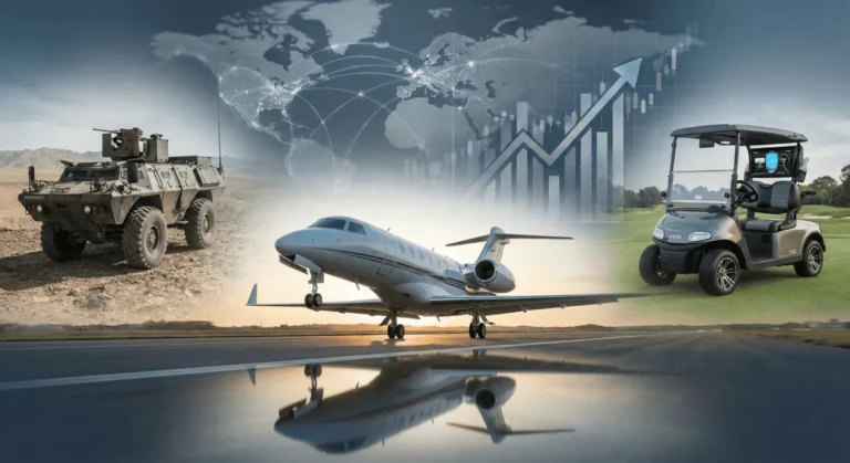 Textron Inc. (TXT) product portfolio collage featuring Commando armored vehicle, Cessna Citation business jet, and E-Z-GO golf cart with rising stock market chart overlay.