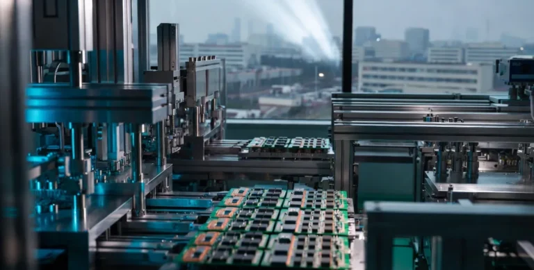 Automated substrate line processing AI infrastructure stocks hardware beside a hazy industrial skyline