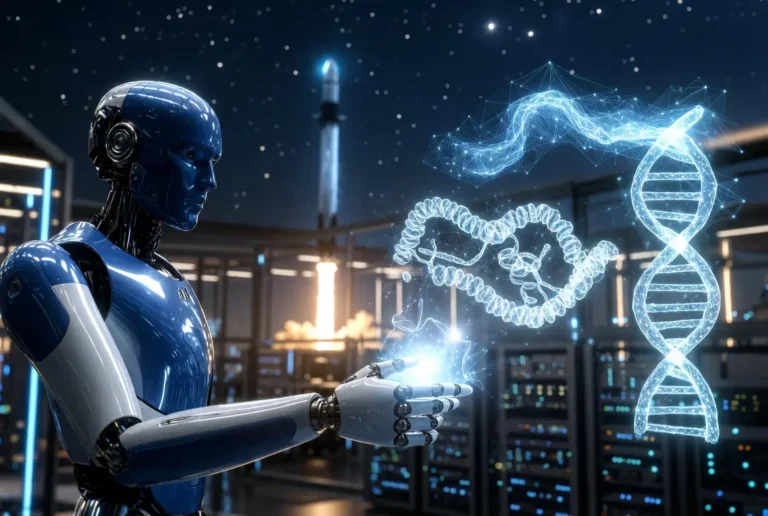 Humanoid robot examining a glowing DNA helix with a rocket launch in the background, representing Alphabet's AI strategy
