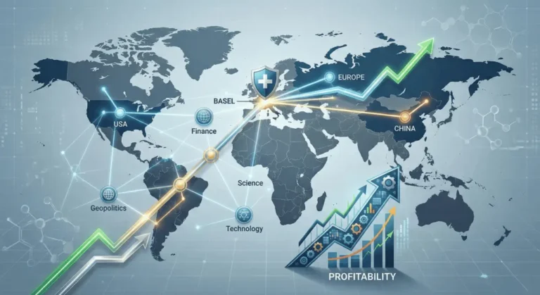 A world map showing a shield icon over Basel, Switzerland connected to the USA, Europe, and China with a rising profitability chart, representing this BeOne Medicines stock analysis