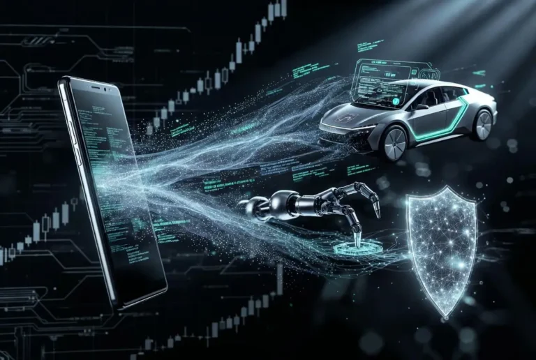 A futuristic digital conceptualization showing a smartphone, an electric vehicle, a robotic arm, and a glowing cybersecurity shield connected by streams of data against a financial stock chart background.