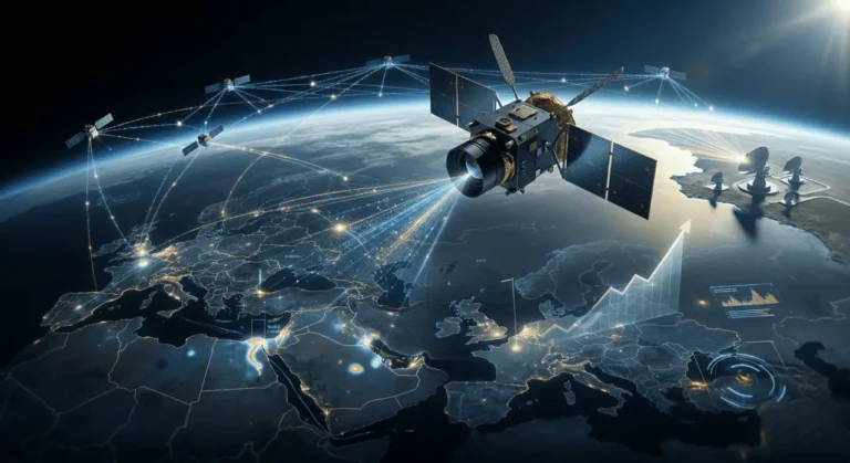 A satellite with a camera lens networked to ground stations over a world map showing Europe, the Middle East, and the Suez Canal, with a rising stock chart, representing BlackSky stock's satellite intelligence business