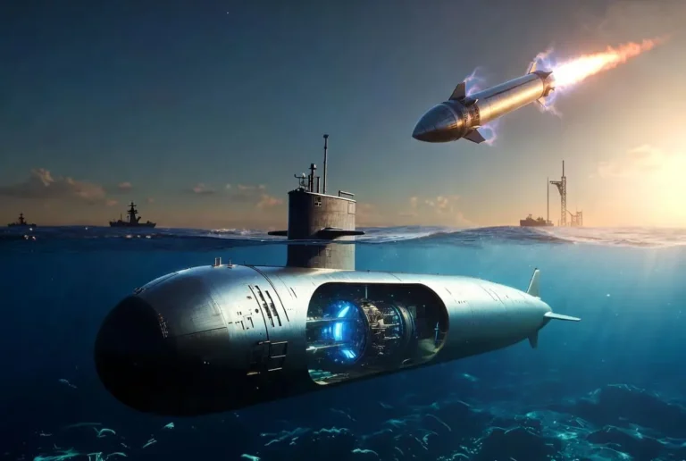 Nuclear-powered submarine surfacing beside a hypersonic missile launch and rocket gantry, representing BWX Technologies stock's naval and space nuclear reactor business