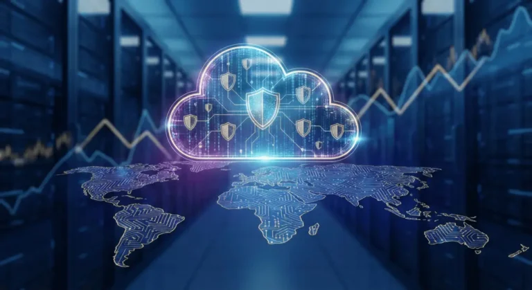 A glowing cloud icon with security shields over a circuit-pattern world map inside a data center, representing Cloudflare stock's global connectivity cloud security platform