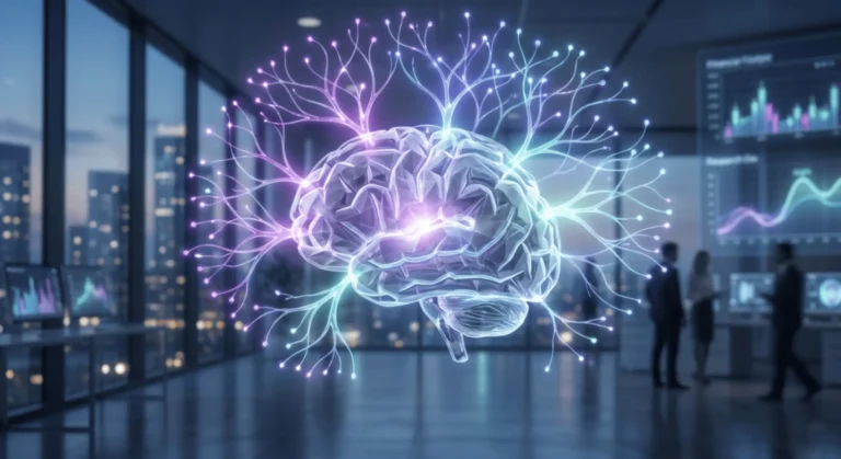 A glowing, stylized neural network representing lysergide-induced neuroplasticity, the core clinical science behind Definium Therapeutics' interventional psychiatry assets.