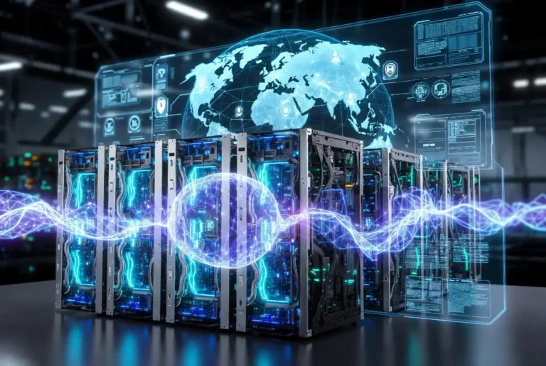 Futuristic Dell sovereign AI server racks illuminated with blue light beneath a digital globe interface, representing global compute sovereignty and localized clouds.