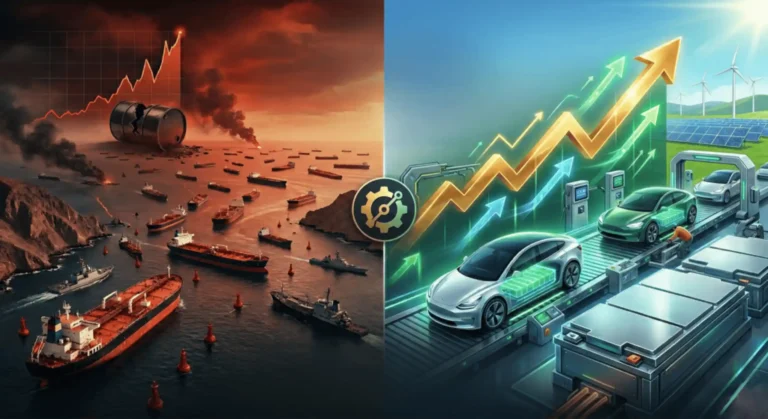 Split image contrasting a burning oil tanker crisis at a strait with a bright EV and clean energy manufacturing line, representing the global energy crisis 2026 and China's clean tech windfall