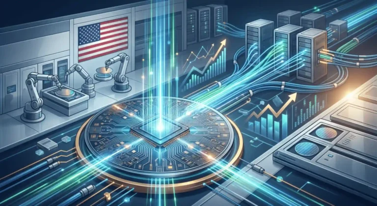 A futuristic illustration of a GlobalFoundries semiconductor chip connected to glowing fiber optic cables, alongside automated robotic wafer manufacturing and server racks with an American flag in the background.