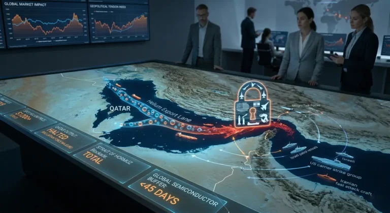 Analysts around a touchscreen war-room table showing a Qatar-Hormuz map with a total blockade warning and a 45-day semiconductor buffer countdown, representing the Helium Crisis 2026
