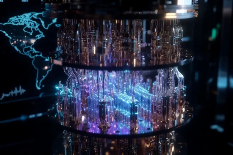 Glowing neutral-atom quantum computing hardware beside a world map, representing Infleqtion stock's GPS-independent defense technology