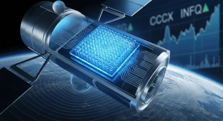 Infleqtion neutral-atom quantum gravity sensor in orbit over Earth with stock market charts background.
