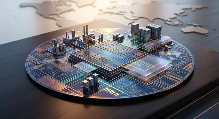 Advanced 3D microchip facility visualizing the global semiconductor manufacturing expansion of Intel Corporation.