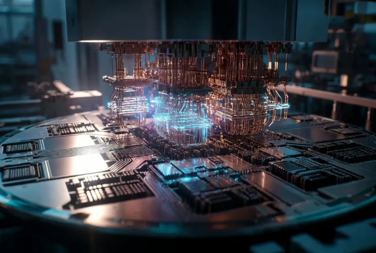Glowing quantum computing hardware processor infrastructure being integrated onto a semiconductor wafer platter.