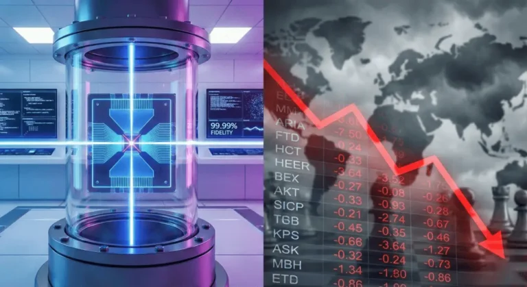 Split image of a quantum computing chamber showing 99.99% gate fidelity beside a stock ticker board with a sharp red decline, representing the IonQ stock analysis