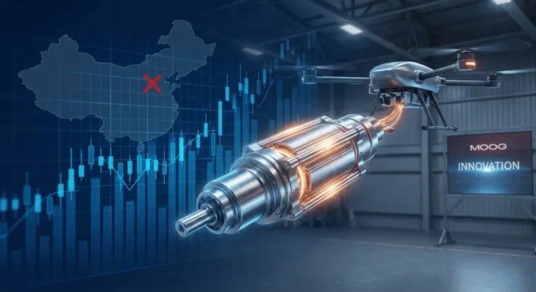 A red X over a China map beside a rising stock chart and a glowing rare-earth-free actuator powering a drone, representing Moog stock's supply chain independence