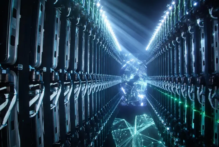 AI data center server racks with glowing blue light and a digital network sphere, representing Nebius Group's cloud infrastructure