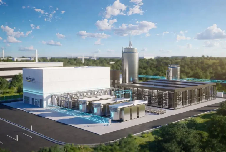 NuScale Power SMR facility connected to an AI data center via glowing power lines