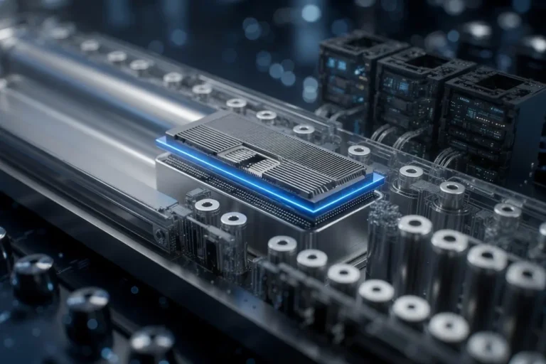 Close-up of an advanced QuantumScape solid-state battery cell architecture with a blue glowing edge in an automated manufacturing line.