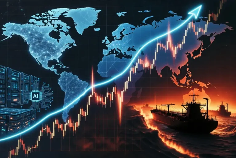 Stock chart rising over a world map beside oil tankers in fiery waters, representing AI growth versus a Hormuz oil shock