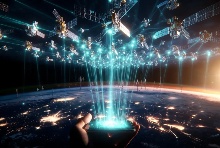 A hand holding a smartphone that receives glowing data beams directly from a dense constellation of low-Earth orbit satellites.