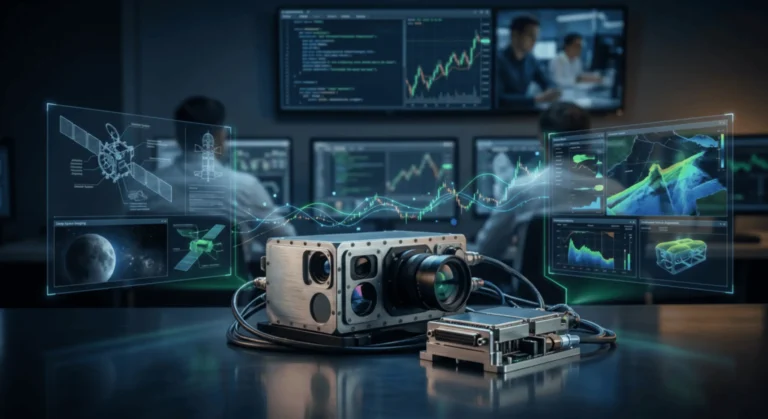 Multi-domain sensor and imaging hardware surrounded by holographic displays of satellites, deep-space imagery, and underwater diagnostics, representing Teledyne Technologies stock's cross-domain reach