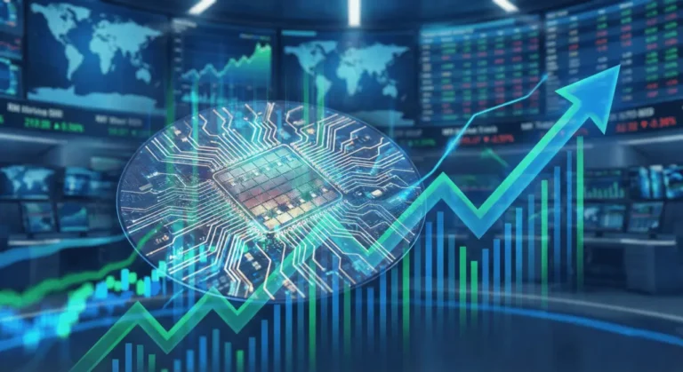 Glowing semiconductor chip surrounded by stock market screens and a rising green arrow, symbolizing Teradyne's AI-driven growth