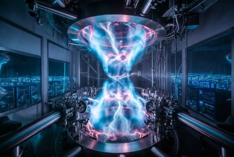 Glowing plasma inside a fusion reactor chamber, representing TMTG and TAE Technologies' AI power breakthrough
