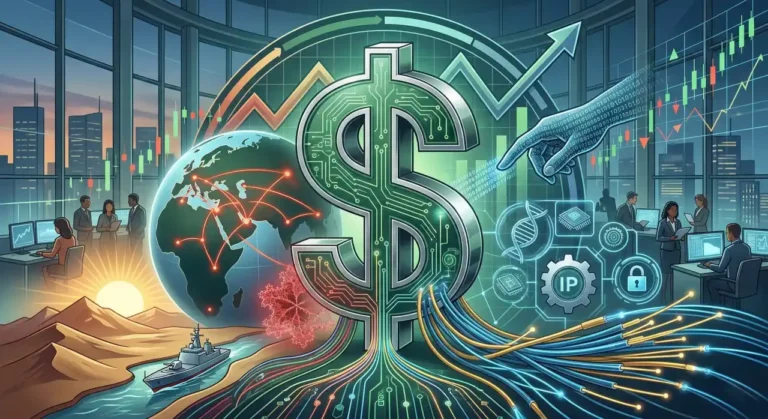 A circuit-board dollar sign linking a conflict-lit world map, a rising stock chart, and AI/patent/cybersecurity icons, representing USD dominance 2026's geopolitical and technological pillars