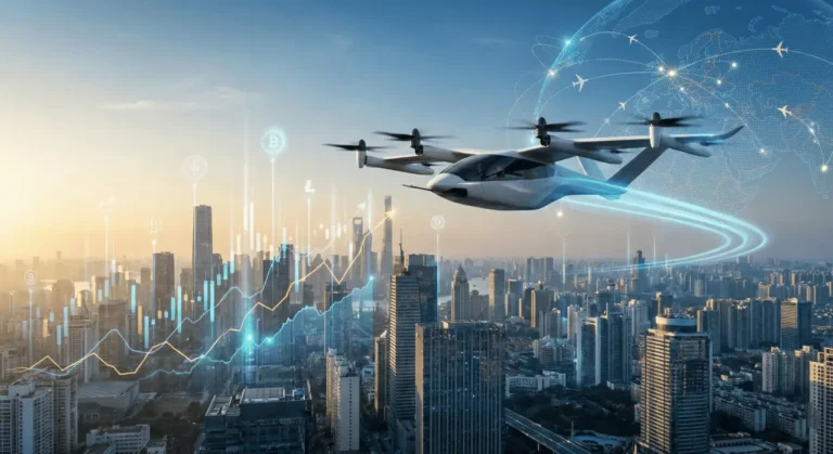 Vertical Aerospace Valo eVTOL aircraft flying over a city skyline with financial growth charts and a digital globe in the background.