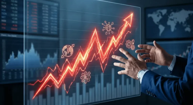 A businessman reaching toward a jagged red volatility spike chart surrounded by network and technology icons, representing the VIX Surge Operation Fury market shock