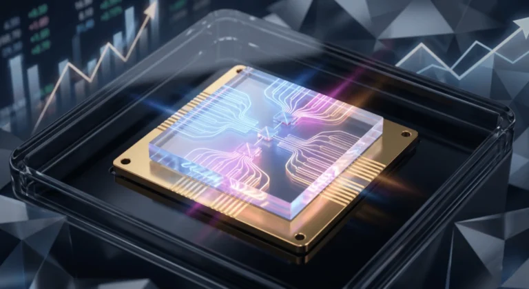 Futuristic glowing photonic chip representing Xanadu Quantum Technologies hardware , set against a backdrop of volatile stock market trend lines.