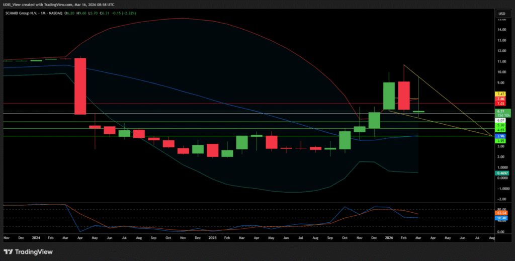 AI infrastructure stocks monthly chart showing SCHMID Group's pullback from 2026 highs.