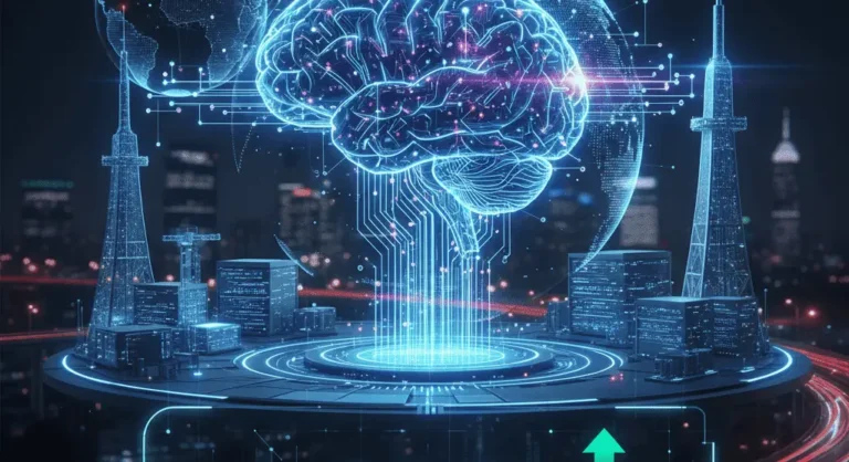 AI neural network hologram above a city skyline with AAOI stock ticker and rising stock chart, symbolizing Applied Optoelectronics AI and 5G growth