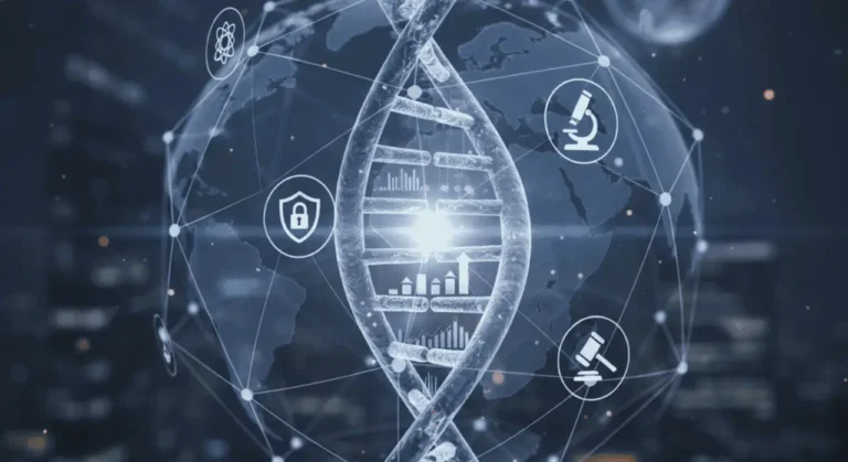 DNA helix wrapped around a globe with science, legal, and finance icons, representing the Abbott Exact Sciences acquisition