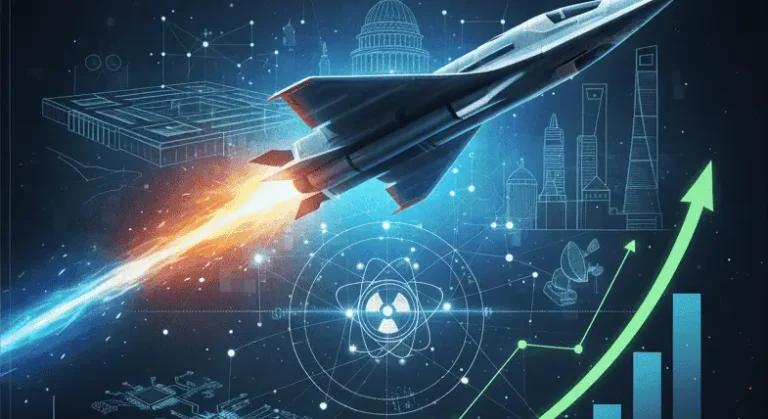 A fighter jet launching beside a nuclear symbol, Capitol building, and a steeply rising green stock chart, representing A&D ETFs 2025's nuclear-driven rally