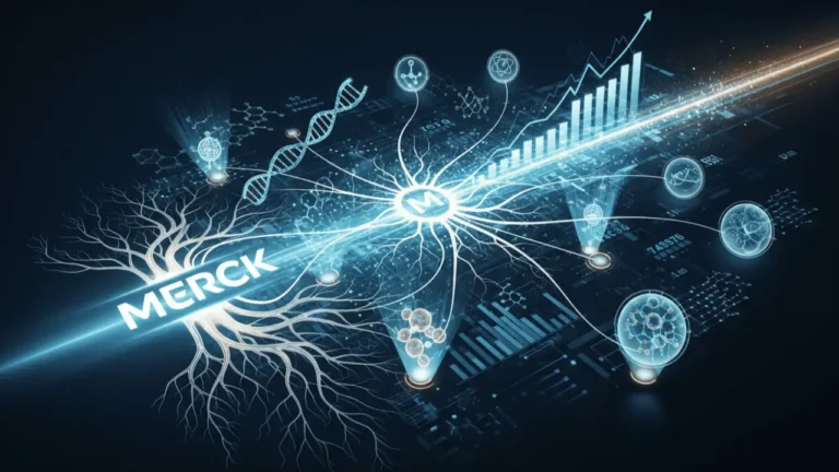 Merck wordmark connected by glowing neural branches to a DNA helix, molecule holograms, and a rising stock chart