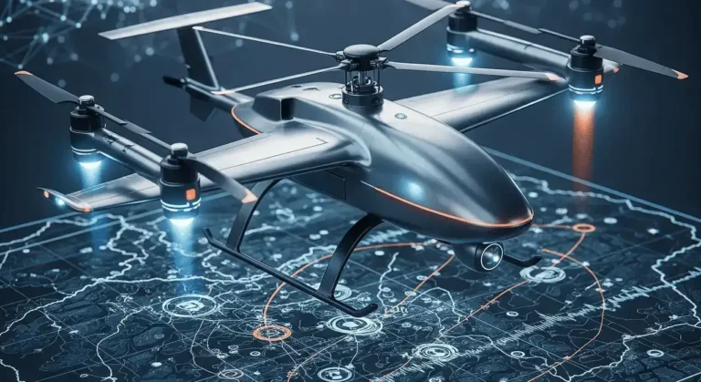 A futuristic military drone hovering above a glowing tactical map with targeting markers, representing AeroVironment AVAV stock's advanced unmanned aircraft systems