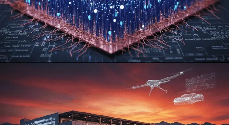 Silicon nanowire battery anode array above a US gigafactory building with drone and electric vehicle silhouettes, representing Amprius Technologies (AMPX) stock