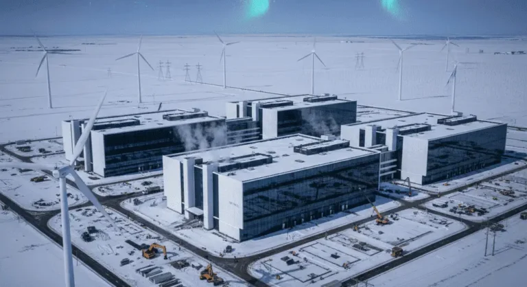 Aerial view of Applied Digital's snow-covered AI data center campus with wind turbines and aurora borealis, illustrating APLD stock's AI infrastructure pivot