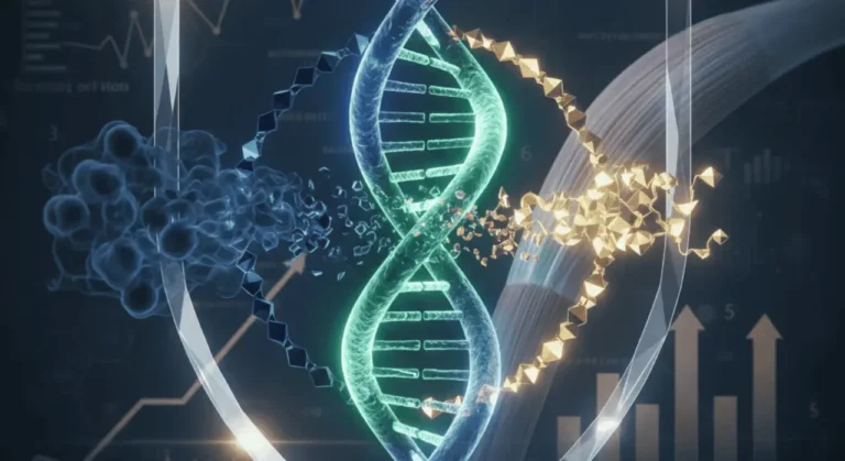 Conceptual illustration of Benitec Biopharma's "Silence and Replace" gene therapy shielding a DNA helix, overlaid with rising financial charts representing BNTC stock growth.
