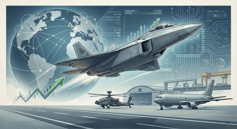 An F-47 stealth fighter climbing beside a rising stock arrow, with an Apache helicopter and tanker aircraft on the runway below, representing Boeing defense contracts fueling a stock rally