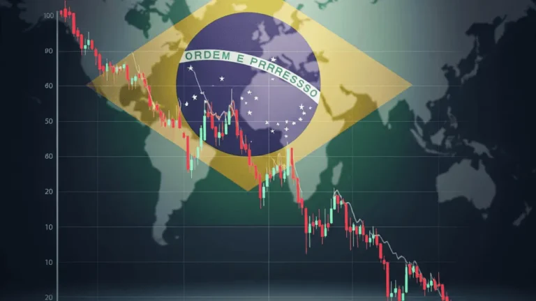 Brazilian flag overlaid with a steep downward-trending stock candlestick chart and a red arrow pointing down, symbolizing the Bovespa index decline