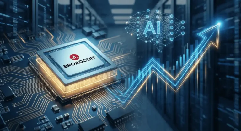 A Broadcom chip on a circuit board in a data center beside a glowing AI brain icon and a rising stock chart, representing Broadcom AI chip dominance
