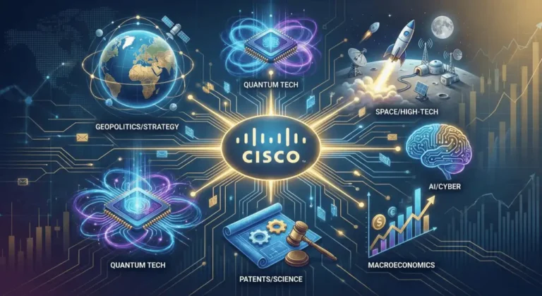 Cisco logo hub radiating to icons for geopolitics, quantum tech, space, AI cybersecurity, patents, and macroeconomics, representing Cisco 2025 strategy's six growth pillars