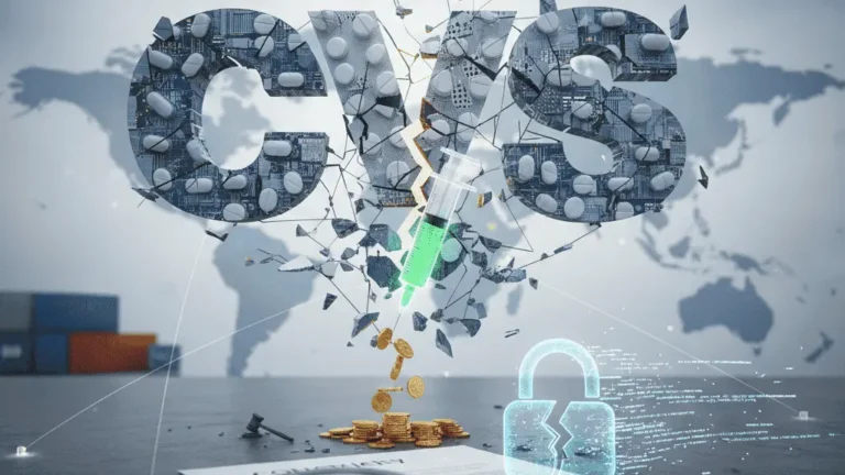 The CVS logo shattering with a syringe breaking through, above falling coins, a cracked lock, and legal documents, representing CVS Health risks 2025's vertical integration troubles