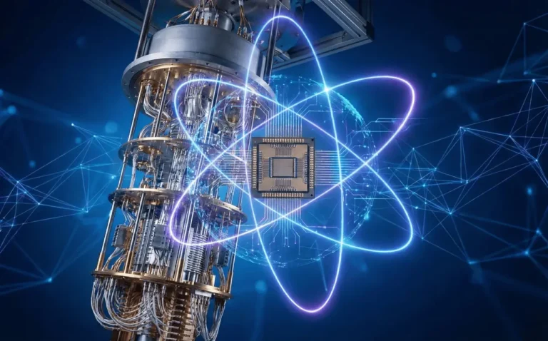 D-Wave's quantum annealing computer hardware beside a glowing atom-orbital chip icon on a network background, representing D-Wave QBTS stock's 2026 breakout