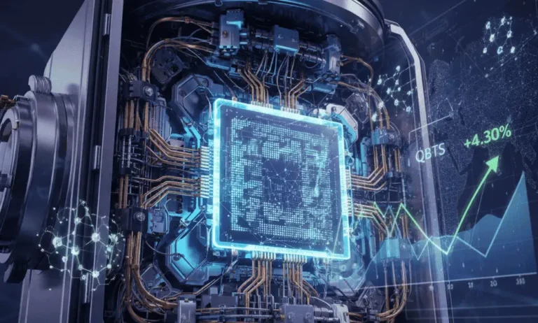 D-Wave quantum computing processor glowing blue inside an open server chassis, with a QBTS stock chart rising 4.30%