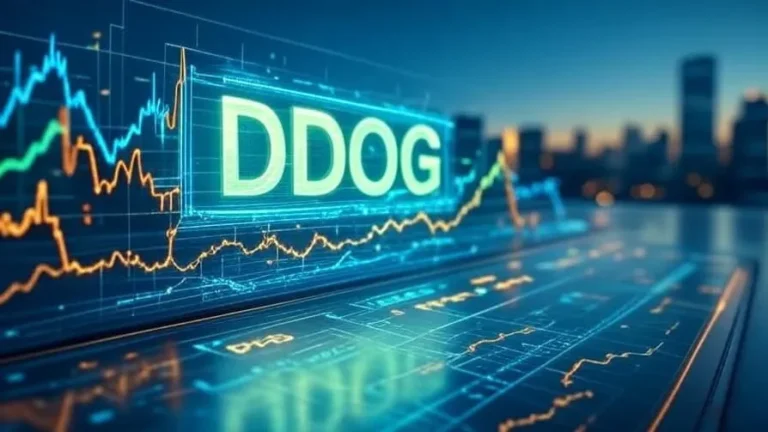 The DDOG ticker glowing above crossing stock chart lines at dusk, representing Datadog S&P 500 index inclusion
