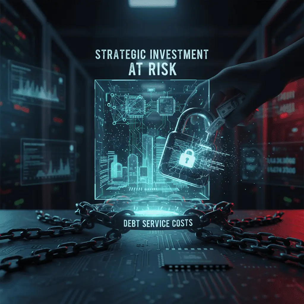 Debt service costs locking away technology investment in a glowing cyber city vault
