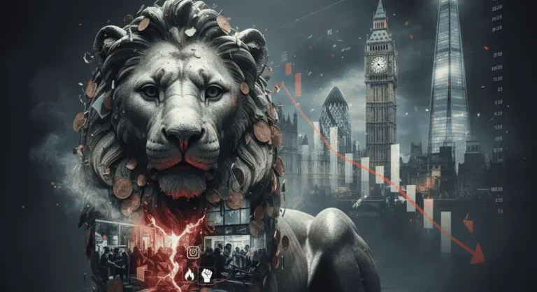 Wounded stone lion statue with London skyline and a falling stock chart, symbolizing the FTSE 100's fragile resilience amid economic and civil unrest risk